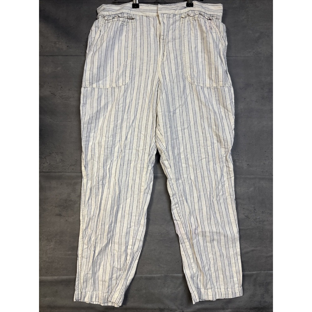 anthropologie Vertical Striped Linen Blend Crop Pants Ruffled Pockets Lg